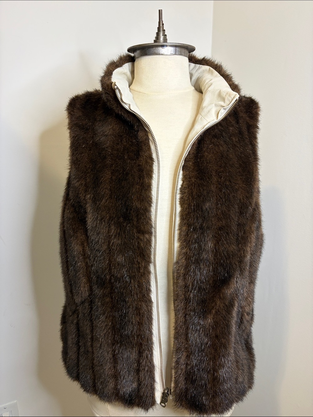 TRIBAL Reversible Faux Fur Vest Ivory Cream Brown Winter Layer SIZE MEDIUM